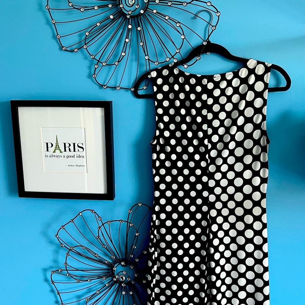Venus black and white polkadot sheath dress. Size medium rushed, gathered waste.